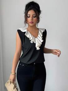 EMERY ROSE Women's French Chic Commuting Contrast Color Ruffle Trim Camisole - Black - View 5