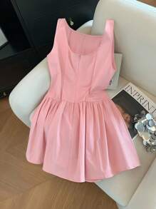 GlowEve Sleeveless Square Neck Button Ruffle Hem Elegant Women Mini Dress - Pink - View 2