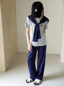 Tween Girl Casual Everyday Korean-Style T-Shirt & Pants & Shawl 3-Piece Set - Multicolor - View 9