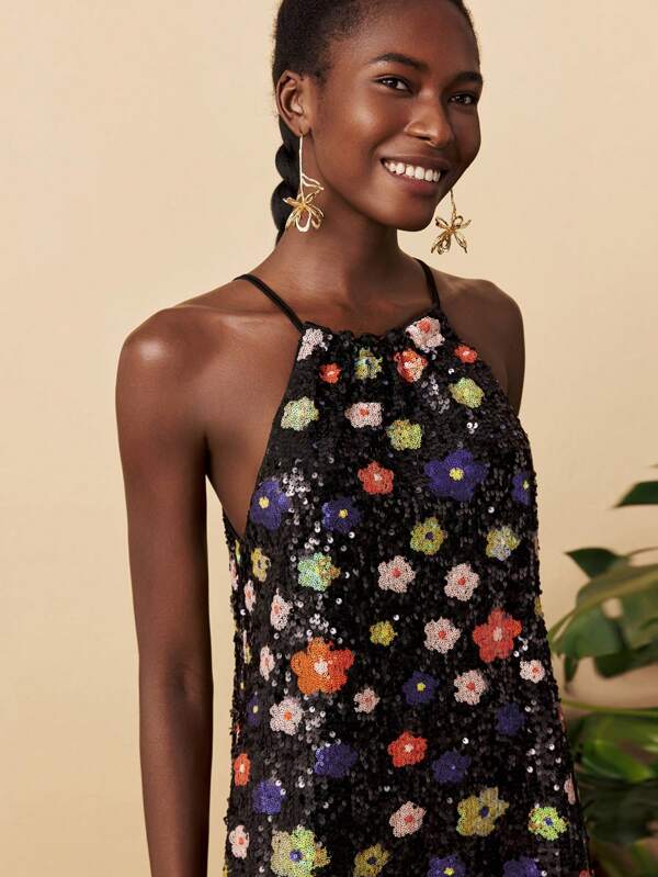 Travachic Women's Fashion Floral Sequin Halter Neck Dress, Summer,Vacation Style,Casaul Summer Vacation Outfits Woman,Bohemia Beach Vacation Outfits,Boho Chic,Holiday Festival Outfits,Beach Outfits For Woman,Summer Outfits For Women,Graduation Outfit,Birthday Outfits For Women,Beach Essentials,Airport Outfit For Women,Club Outfit,Country Outfits Women,Tea Party Dress,Birthday Dress,Summer Sun Dress,Summer Dresses For Women ,European Summer,Back To School,Homecoming,Old Money Style Women,Streetwear Women,Y2k,Night Out,Fall Clothes,Winter Clothes,Cute