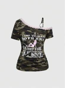 ROMWE J-Fashion Abby Y2K 别致女孩图案印花水钻迷彩斜肩性感T恤 - 彩色 - 查看 1