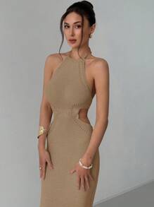 Aloruh Summer New Beach Vacation Crochet Beach Dress, Romantic Hollow Backless Lace-Up Fish Tail Dress Sexy Dress - Khaki - View 6