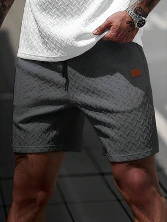 Manfinity CasualCool Short d'été pour hommes en jacquard texturé avec cordon de serrage, col côtelé et patch , cadeau réfléchi pour le petit ami ou le mari