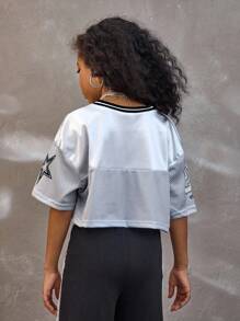 Coolane Kids Tween Girls Summer /Fall  Streetwear Sparkly Breathable Mesh Number Pattern Green V-Neck Short Jersey Tees,Back To School ,Y2K,Jersey T-Shirt - Silver - View 5