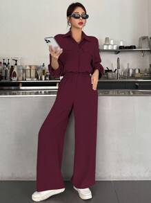 DAZY Women's Solid Color Single-Breasted Long Sleeve Shirt And Loose Casual Pants 2 Pieces Set - Burgundy - View 4