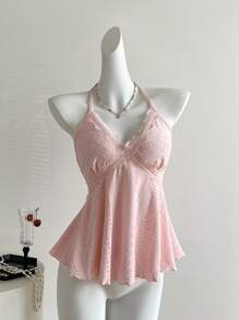 Sweetra 女士红色格子蕾丝拼接甜美度假细肩带吊带背心，适合海滩、春夏季 - 粉色 - 查看 3