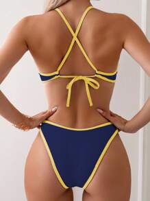 SHEIN Swim 女款夏季海灘撞色掛脖綁帶性感比基尼兩件式泳衣套裝 - 彩色 - 查看 2