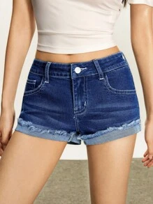 Rina Fox Quần short denim in họa tiết gợi cảm cạp thấp cho nữ - Rửa tối - Xem 1