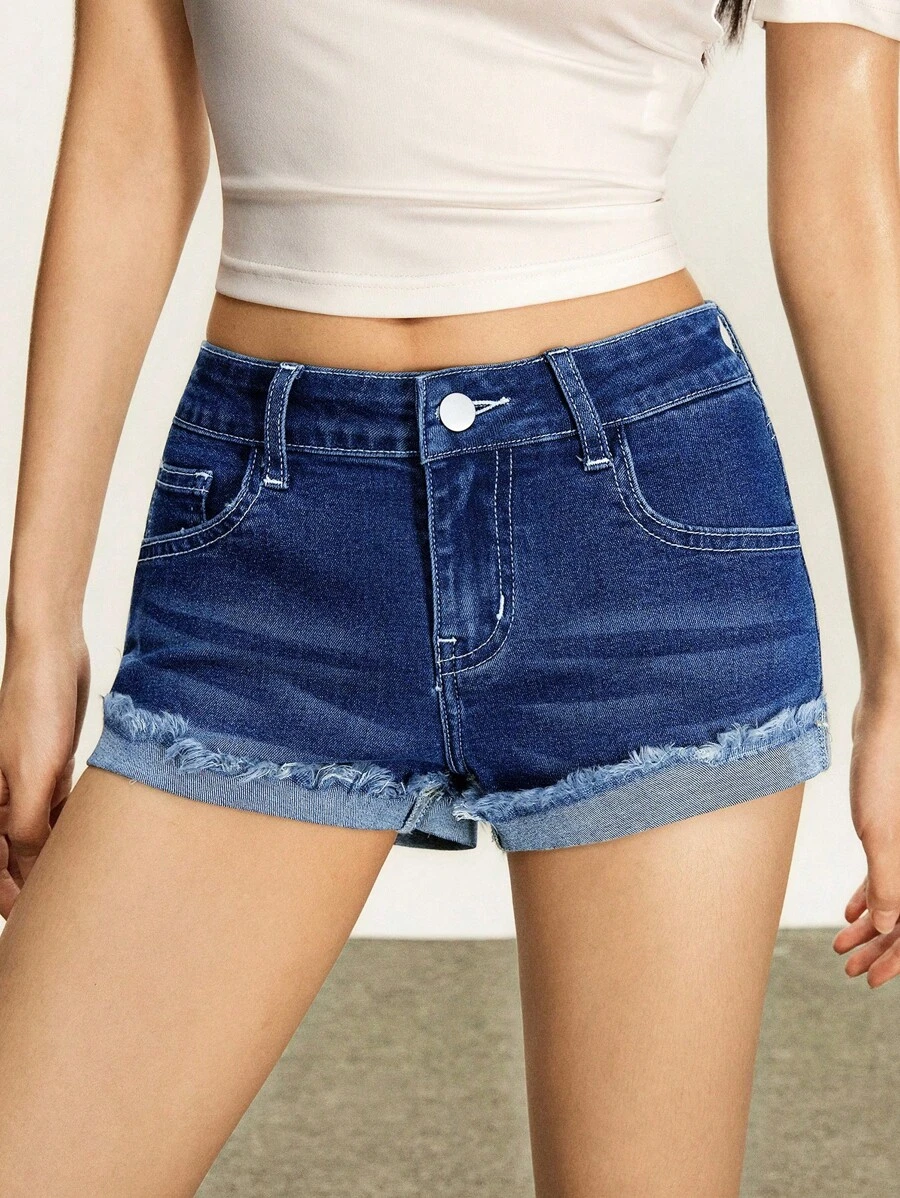 Rina Fox Quần short denim in họa tiết gợi cảm cạp thấp cho nữ - Rửa tối - Xem 1