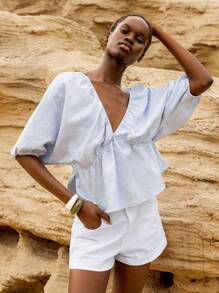 Lumivelle GuavaGirl SummerHoliday Fall Women Clothes Back To School Baby Blue Top Women V Neck Top Baby Blue Blouse