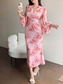 DAZY Damen Kleid mit Blume Muster und Bindung an der Taille, Meerjungfrauen-Stil - Babypink - Übersicht 7