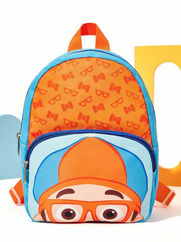Blippi X SHEIN 1 pieza Mochila mini de poliéster con estampado de patrón de dibujos animados lindo y correa para el hombro de longitud Adjustable, para volver a la escuela