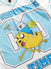 ROMWE MEN Adventure Time X ROMWE 男士卡通字母图案网眼针织运动短袖 T 恤，运动服 - 白色 - 查看 3