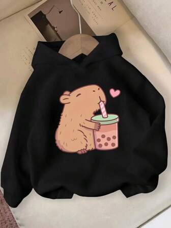 Sudadera con capucha informal y a la moda para niñas preadolescentes con estampado lindo de dibujos animados de animales como hámster y capibara bebiendo agua