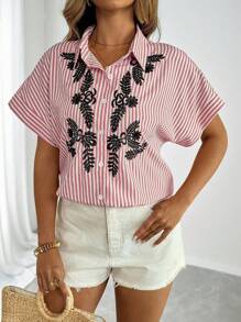 Flirla Plus Size Women Casual Loose Summer Striped Embroidered Shirt Blouse - Multicolor - View 4