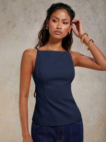 COSMINA Top Cropped Feminina de Cor Sólida, com Recorte Nas Costas e Amarração - Azul Marinho - Visão 5