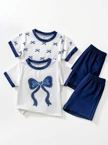 SHEIN Conjunto de 4 piezas de top de manga corta y pantalones cortos con patrón de moño para niñas bebés, de verano - Multicolor - Ver 1
