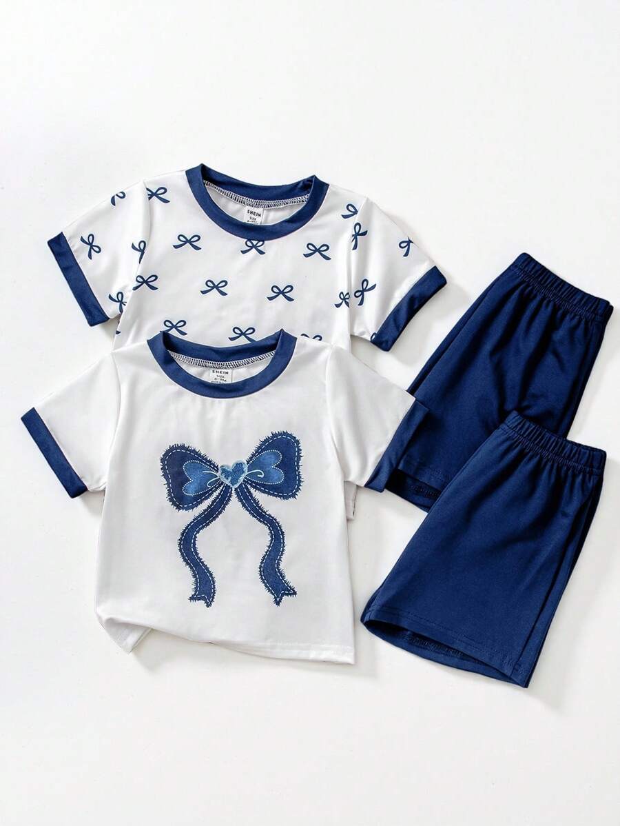 SHEIN Conjunto de 4 piezas de top de manga corta y pantalones cortos con patrón de moño para niñas bebés, de verano - Multicolor - Ver 1