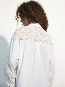 Aveloria Affinna White Minimalist Design Flared Sleeve Lace Patchwork Sheer Vintage High Collar Casual Versatile Long Sleeve Blouse For Women - White - View 2