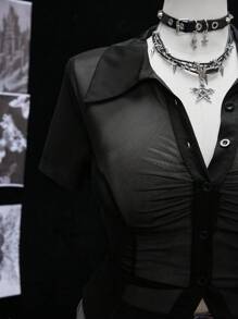 Sunspun Áo cánh tay ngắn ôm sát gợi cảm bán trong suốt màu đen - màu đen - Xem 6