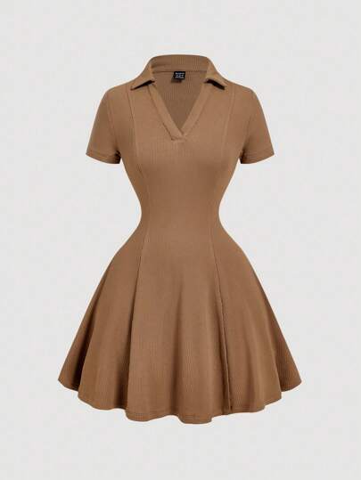 SHEIN MOD Vintage Khaki Ruffle Collar Knitted Mini Dress - Preppy Style, 70s, Casual, Comfortable, Commuting, Old Money Aesthetic, Perfect For School Attire, Teaching Outfits, And Office Wear,Country Concert Outfitr,Office Outfits For Women