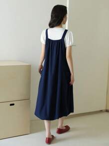 2 件套青少年女孩圆领短袖 T 恤和宽肩带花卉 A 字连衣裙休闲夏季服装 - 寶藍色 - 查看 2