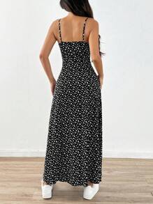 SHEIN MOOSTA Summer Ditsy Floral V-Neck Spaghetti Strap High Waist A-Line Dress Maxi Women Outfit - Black - View 2