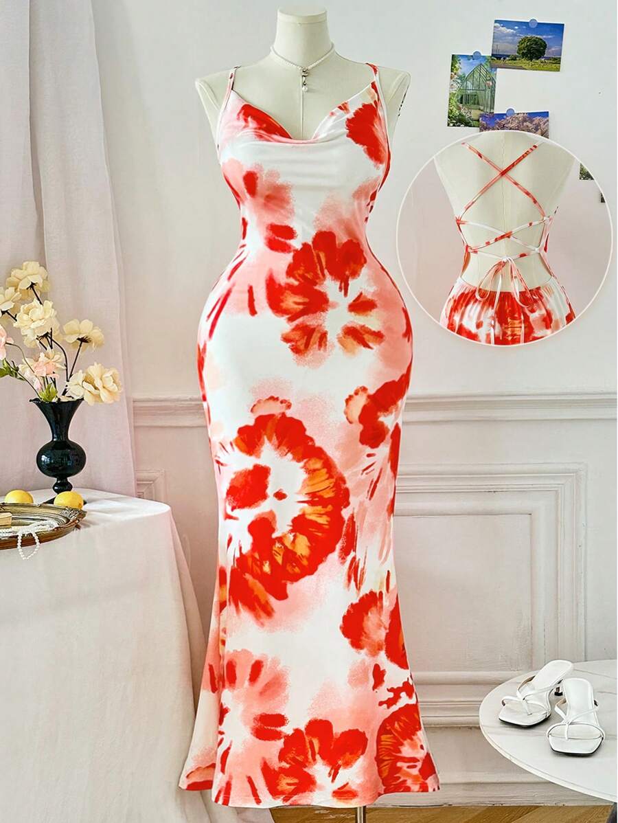 SHEIN VCAY CURVE 加大码花卉印花细肩带露背连衣裙,适合夏季 - 橘色 - 查看 1