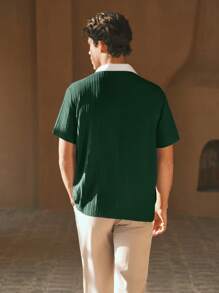 HIMLAND 男士梭织休闲宽松短袖 POLO 衫，年轻时尚，适合日常穿着，绿色针织衫，男士针织衫，翻领针织衫，绿色翻领衬衫，针织上衣，男士针织上衣，绿白衬衫，针织 Polo 衫，旧款