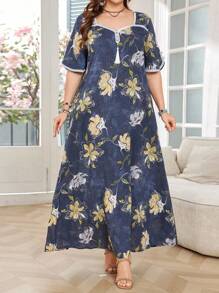 Lacomfia Vestido holgado de estilo árabe de media manga con escote de corazón y estampado floral para mujer de talla grande