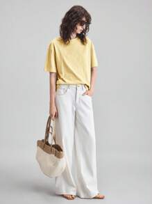 Ontre 2025夏季欧式休闲商务女装度假沙滩生日派对教师节乡村音乐节纯色短袖T恤简约时尚适合夏季蓝色刺绣T恤优雅都市通勤优雅时尚教师节基本款上衣