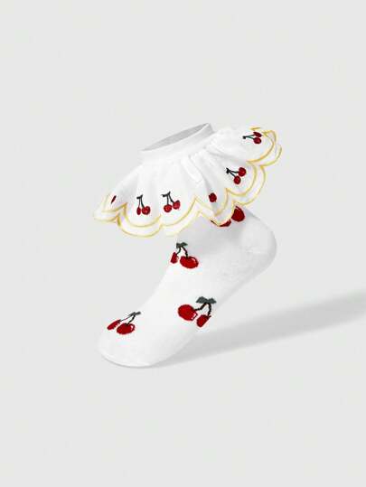 Kawaii Calzini donna a metà polpaccio con motivo a patchwork di ciliegie e rouches