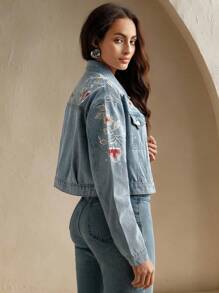 Anewsta Luxury Embroidered Rhinestone Decorated Women's Blue Denim Jacket - Blue - View 1