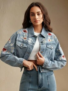 Anewsta Luxury Embroidered Rhinestone Decorated Women's Blue Denim Jacket - Blue - View 5