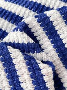 Elamini 蓝白条纹提花纹理 V 领露背交叉肩带紧身迷你连衣裙，复古别致优雅性感休闲度假海滩夏季女装 - 藍白色 - 查看 6