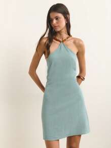 Nöista Hellblaues Neckholder-Minikleid mit bernsteinfarbener perlenverzierter Halskrause, gefertigt aus leichtem Stoff. Perfekt für den 4. Juli, Sommerfeste, Urlaubsreisen oder lässige Unternehmungen. Mühelos stilvoll und bequem. Ein unverzichtbares Teil für jede Sommergarderobe. - Grün - Übersicht 8