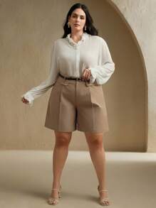 Anewsta Shorts anchos con cinturón de línea A moderna para talla grande, de uso casual y para ir al trabajo - Caqui - Ver 6