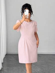 Elenzga Rochie midi elegantă pentru femei, mărime plus, culoare solidă, guler rotund, mânecă bufantă - Roz - Vizualizare 3