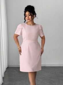 Elenzga Rochie midi elegantă pentru femei, mărime plus, culoare solidă, guler rotund, mânecă bufantă - Roz - Vizualizare 4