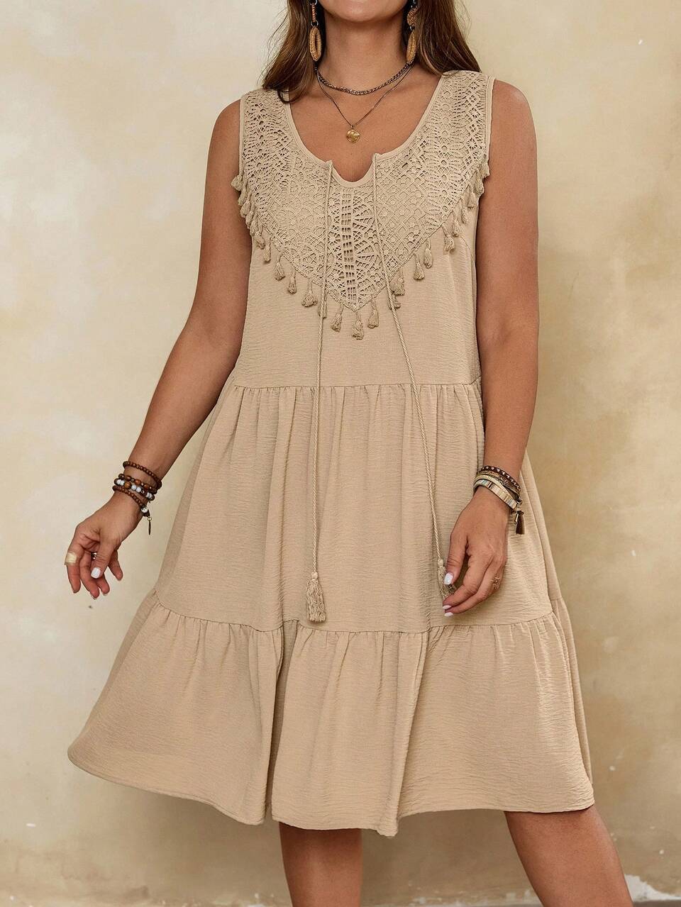 Plus Size Women Peach Summer Boho Casual Elegant Holiday Beach Dress,Lace Patchwork Fringe Sleeveless Fashionable Country Concert Clothing Outfits