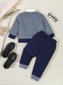 SHEIN Sudadera Con Capucha Y Pantalones Deportivos De Rayas Para Bebé Con Lazo En La Parte Delantera, 2 En 1 - Azul y blanco - Ver 2