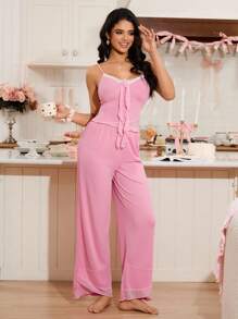 Conjunto de ropa de dormir romántica de encaje, floral y malla para mujer - Rosa - Ver 4