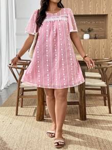 Weeklong Váy mini thêu dệt thanh lịch tay ngắn cỡ lớn cho nữ có viền xếp nếp - Bụi hồng - Xem 6