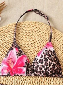 SHEIN Bộ bikini hở lưng họa tiết hoa báo cho bé gái tuổi teen, trang phục đi biển thường ngày - Cà phê nâu - Xem 6