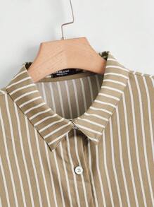 SHEIN LUNE Plus Size Casual Minimalist Loose Striped Short Sleeve Shirt - Mocha Brown - View 3