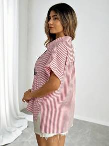 Flirla Plus Size Women Casual Loose Summer Striped Embroidered Shirt Blouse - Multicolor - View 5