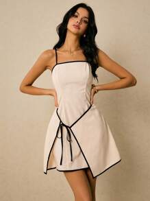 Poéselle Leinenkleid, Kleid mit Kontrastsaum, Bürokleidung für Damen, Arbeitskleidung, lässiges Mini-Unterkleid mit Bindeband vorne für Damen, schlicht und modisch, Old-Money-Stil, der Stoff ist bequem und atmungsaktiv, geeignet für den Alltag, zum Ausgehen, Pendeln, für Verabredungen, für den Urlaub usw. Poeselle