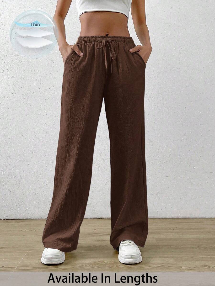 SHEIN PETITE CURVE Plus Size Women Plain Belted Pockets Straight Leg Casual Pants Women Wide Leg Pants Brown Pants For Women Women Linen Pants Loose Pants For Women Women Casual Pants - Chocolate Brown - View 1