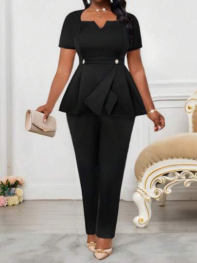 SHEIN Lady 2025 New Clothing Black V-Neck Short-Sleeved Waist Button Asymmetrical Hem Top Suit Pants Plus Size Two Pieces Suit Plus Size Elegant Business Office Suit Wedding Guest Women Vintage Teacher Outfits For Women Business Casual Woman Beach Outfits Women Back To School Fall Women Clothes Teacher Outfits For Women Business Casual Woman Office Outfits For Women Elegant For Women Work Clothes Women Teacher Vintage Elegant Black Pants Suit Women Plus Size Formal Elegant Two Pieces Set 2 Pieces Sets Women Classy