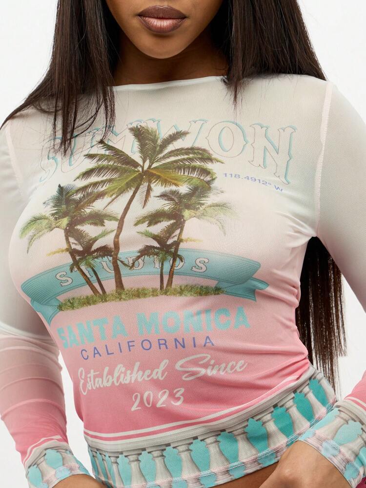SUMWON WOMEN Fitted Mesh Long Sleeve Top With Palm Tree Beach Print Coastal California Design